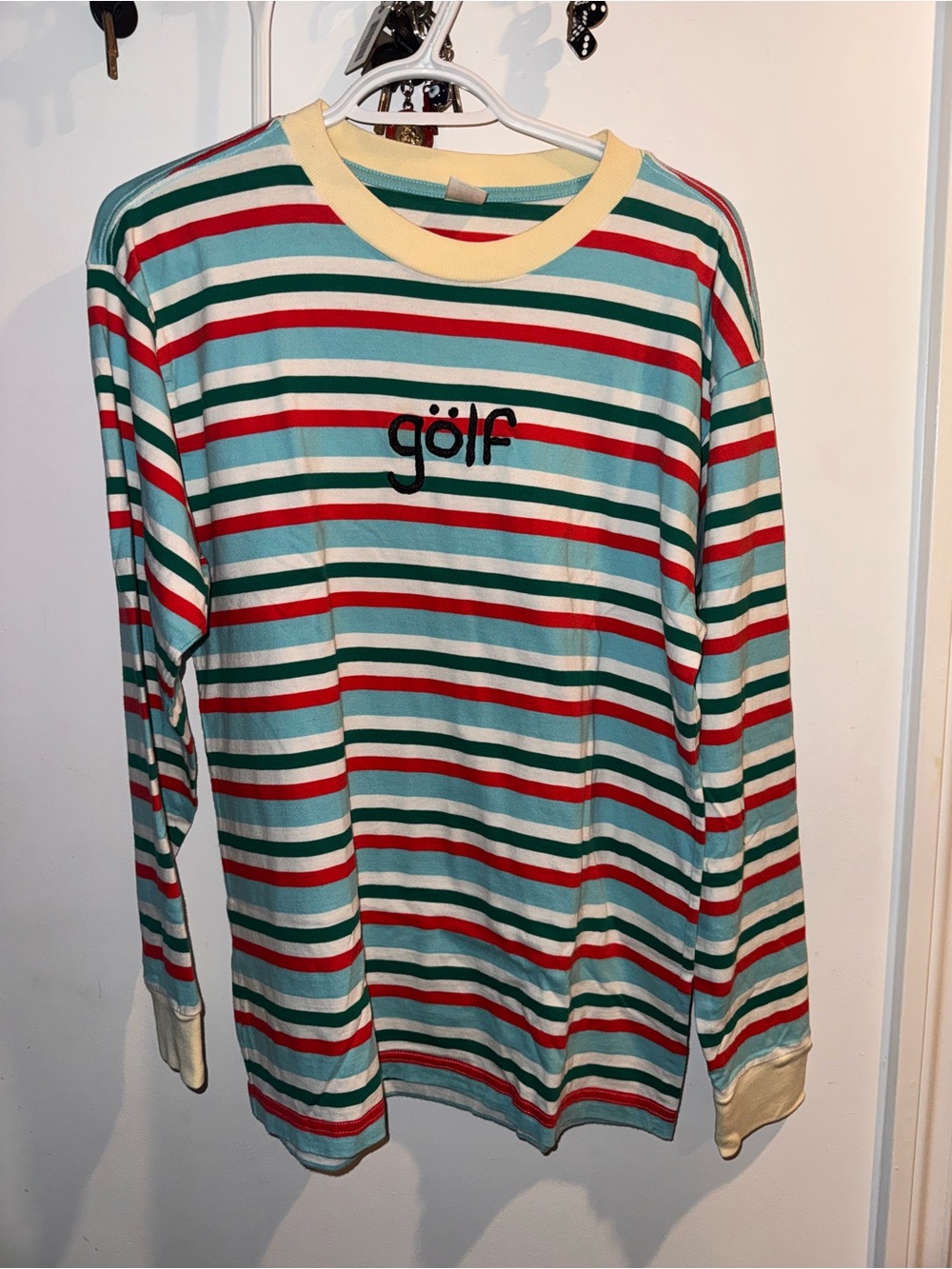Golf Wang Striped Crewneck Long Sleeve Tee in Teal, Red & Cream